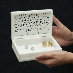 Open Soapstone Jali Jewellery Box Displaying Rings and Earrings