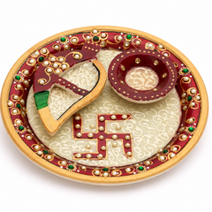 Handmade Marble Pooja Thali with Kumkum Bowl, Rice Holder and Swastik Design