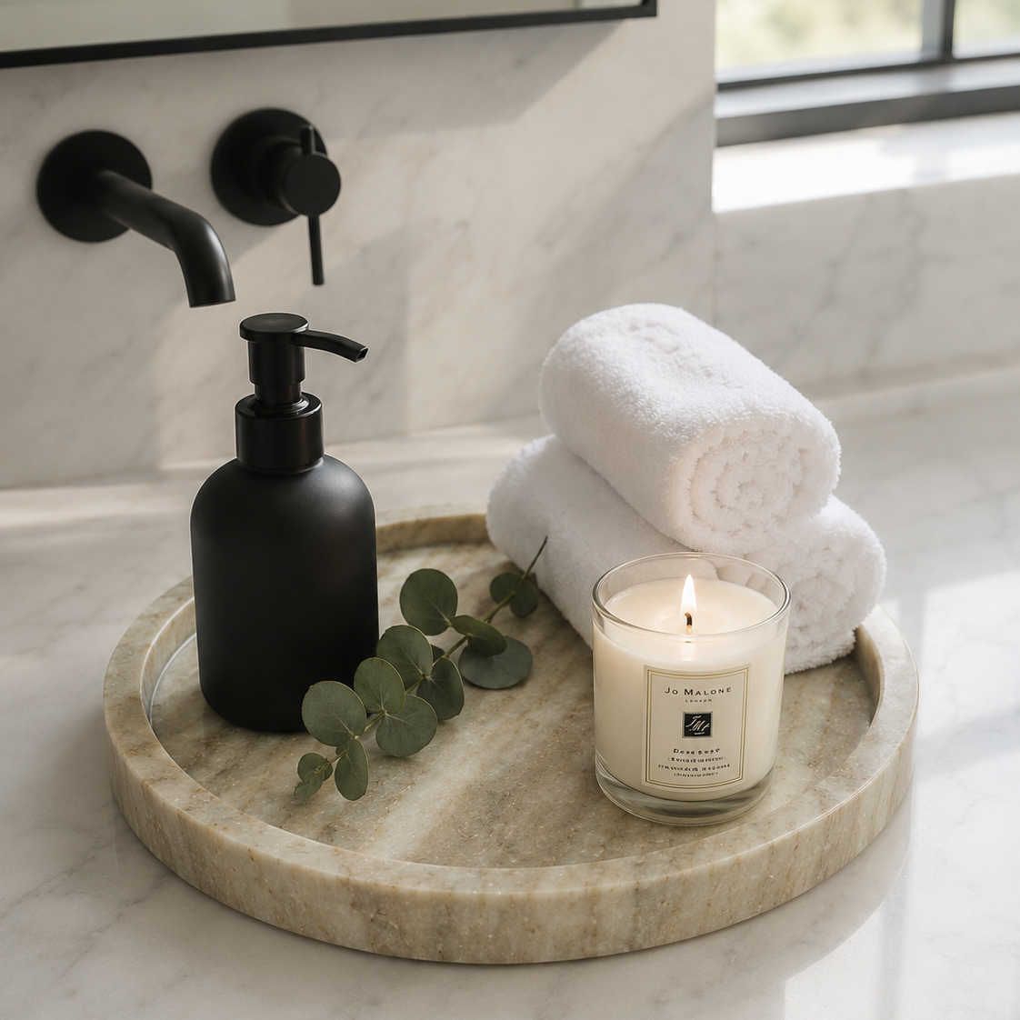 Luxury marble bathroom tray with soap dispenser, rolled towels, and scented candle.