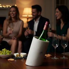 Natural marble wine chiller bucket displayed during a social gathering with wine glasses and guests