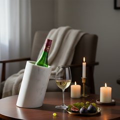 Luxury handcrafted natural marble wine chiller bucket with white wine bottle on an elegant dining table