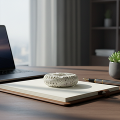 Premium Hand-Carved Soapstone Ash Tray with Laptop, notebook, decorative item, and pen on a wooden desk with a blurred background