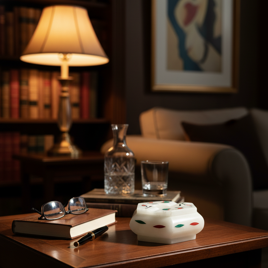 Handcrafted marble ash tray on wooden side table with luxury interior styling