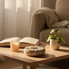 Premium Hand-Carved Soapstone Ash Tray in cozy living room with a wooden coffee table featuring a candle, book, and plant.