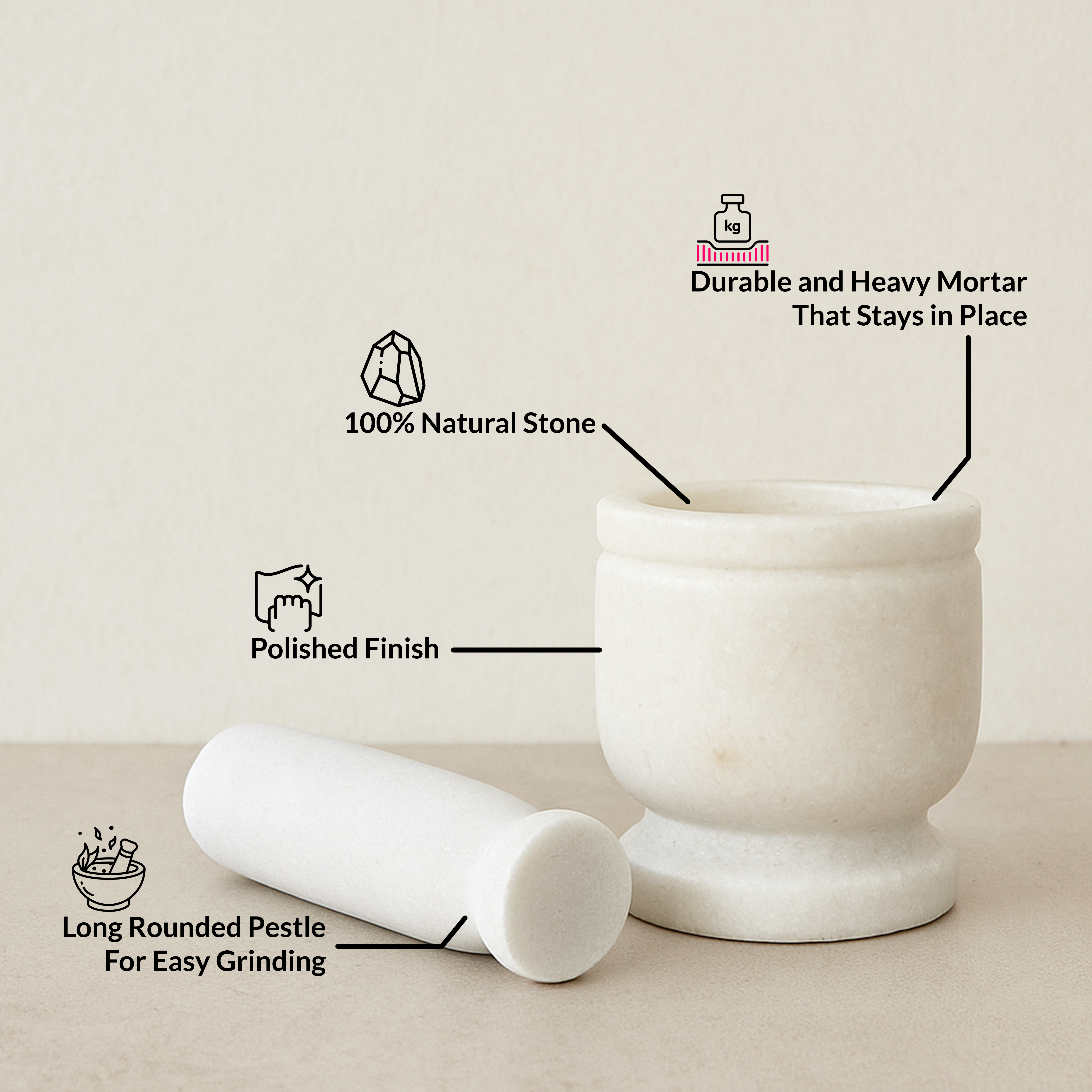 Handcrafted white marble mortar and pestle feature infographic