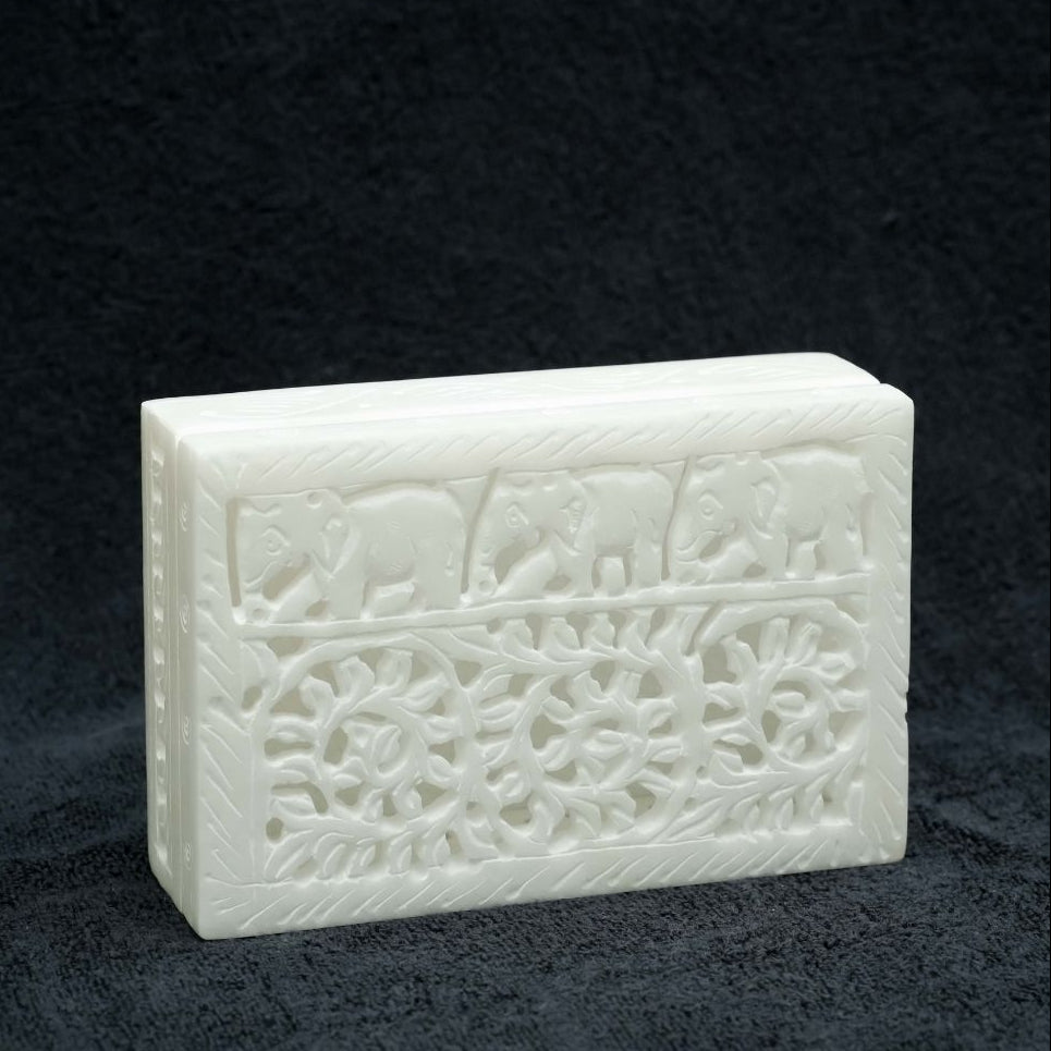 Handcrafted Soapstone Jali Jewellery Box Closed with Intricate Floral Carving