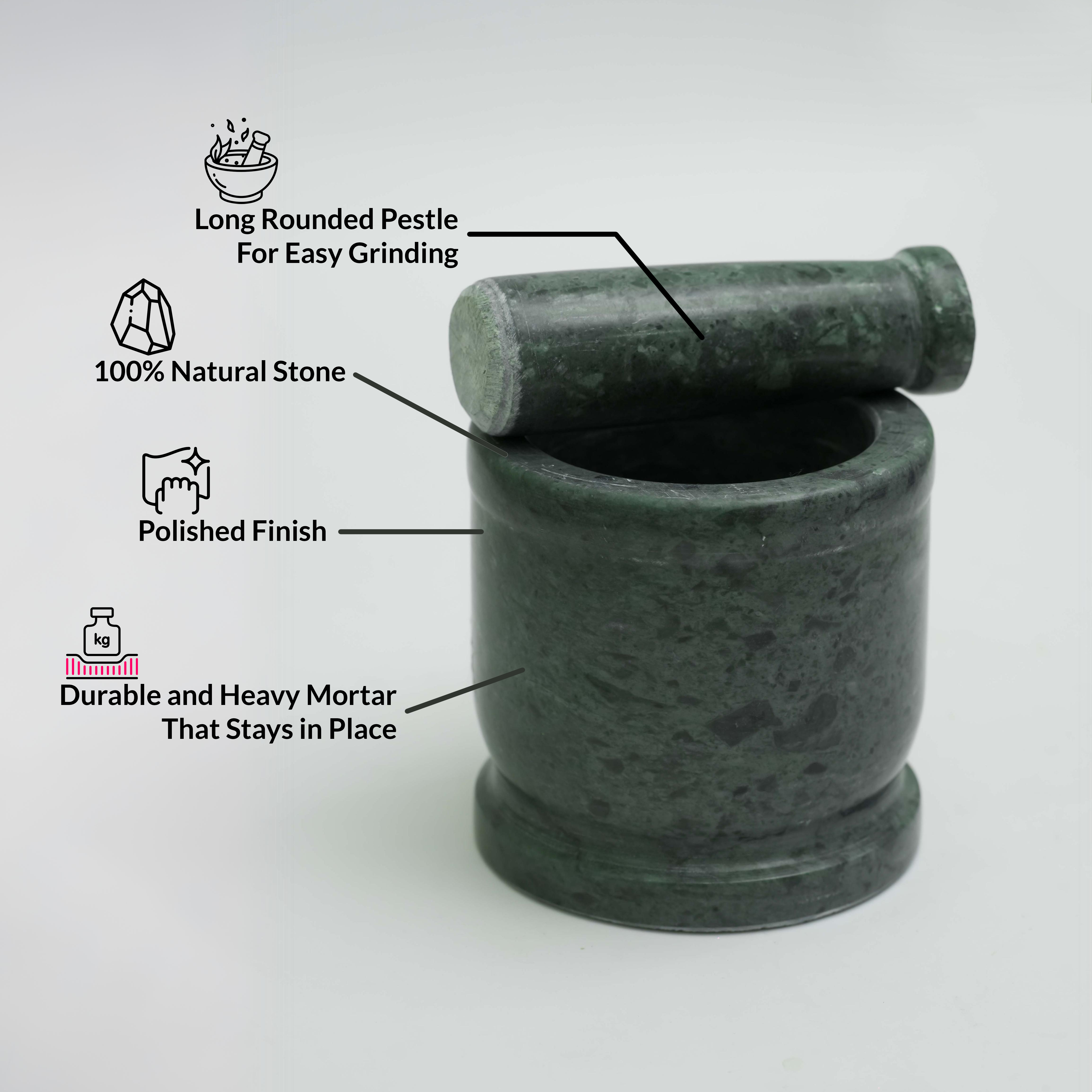 Green Mortar and pestle set with labeled features on a white background