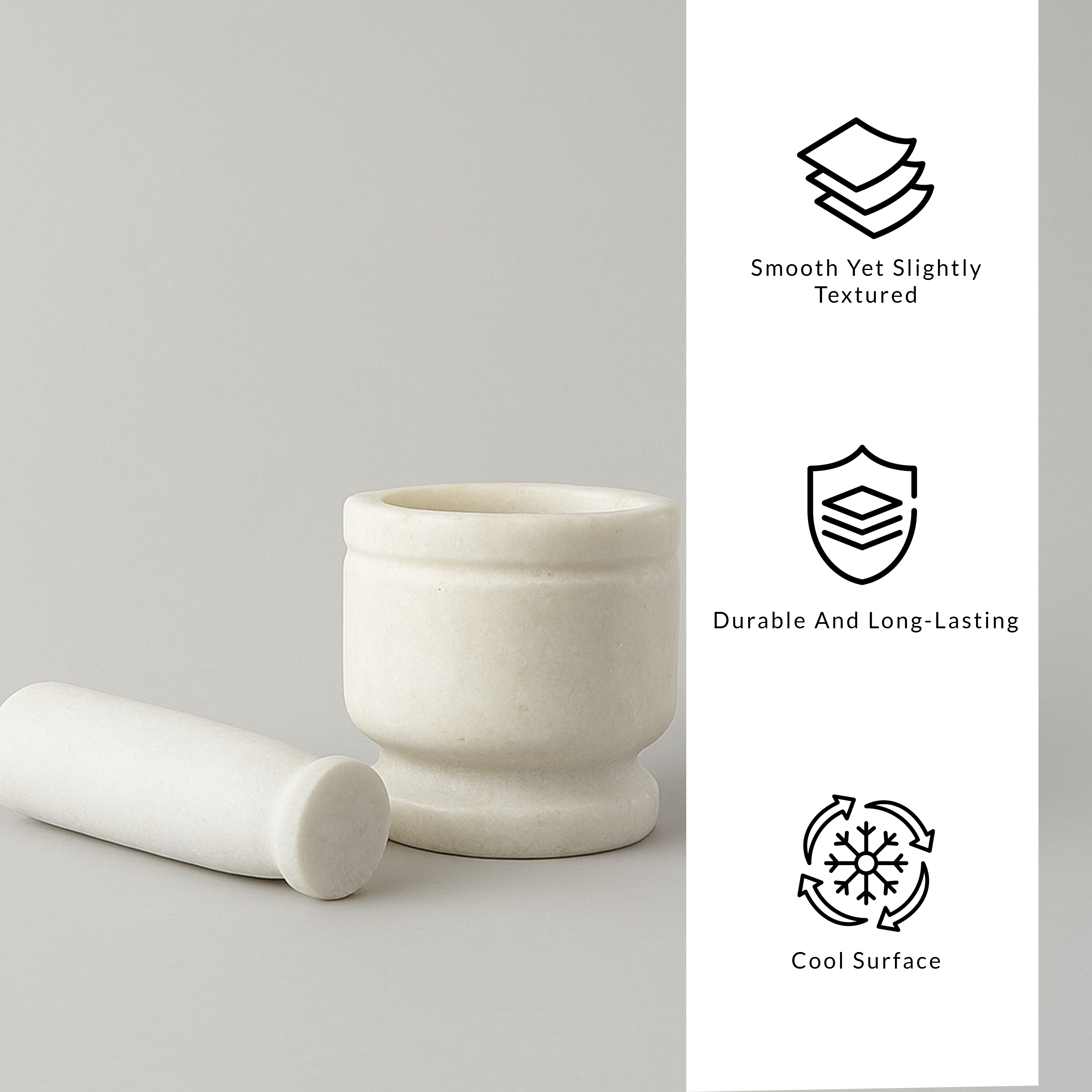 White mortar and pestle with text describing features on a gray background