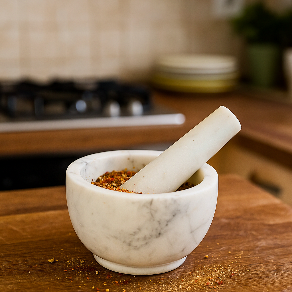 Marble mortar and pestle with spices, on a wooden surface in a kitchen setting