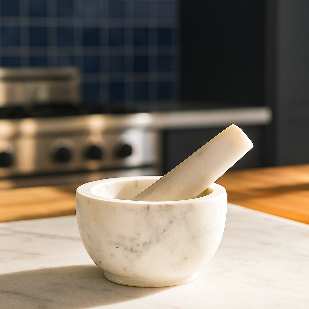 Round marble mortar and pestle on wooden kitchen countertop