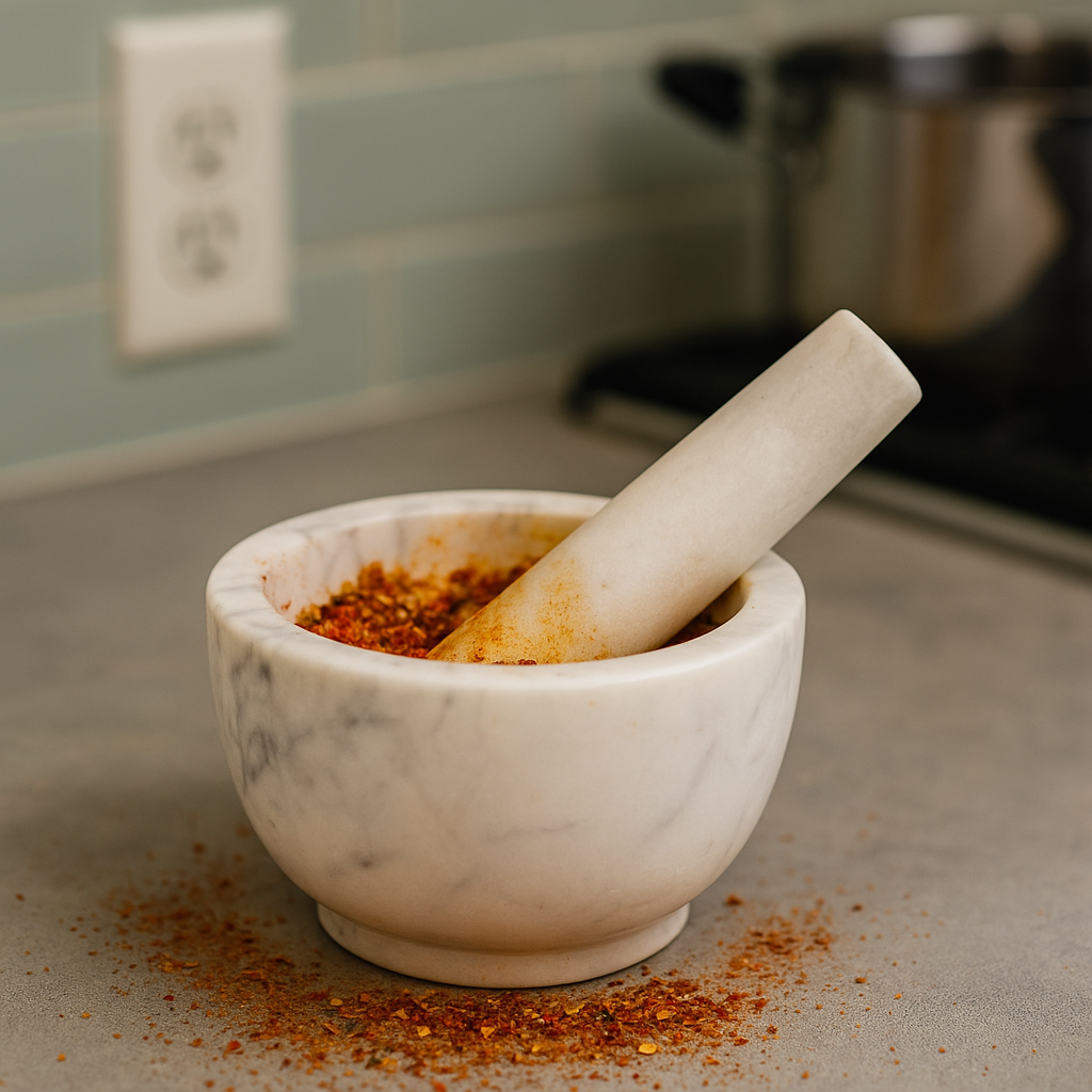 Premium round marble mortar and pestle with freshly ground spices