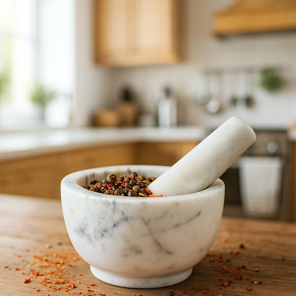 Luxury round marble mortar and pestle with spices in modern kitchen setting