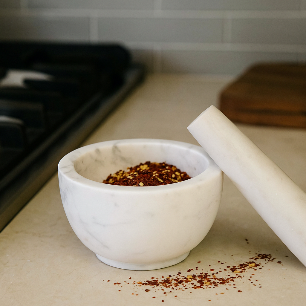 Round marble mortar and pestle with spices on kitchen countertop