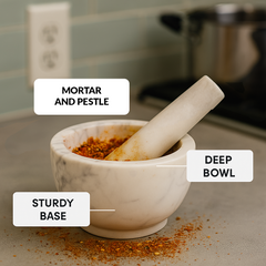 Round marble mortar and pestle feature infographic with sturdy base and deep bowl