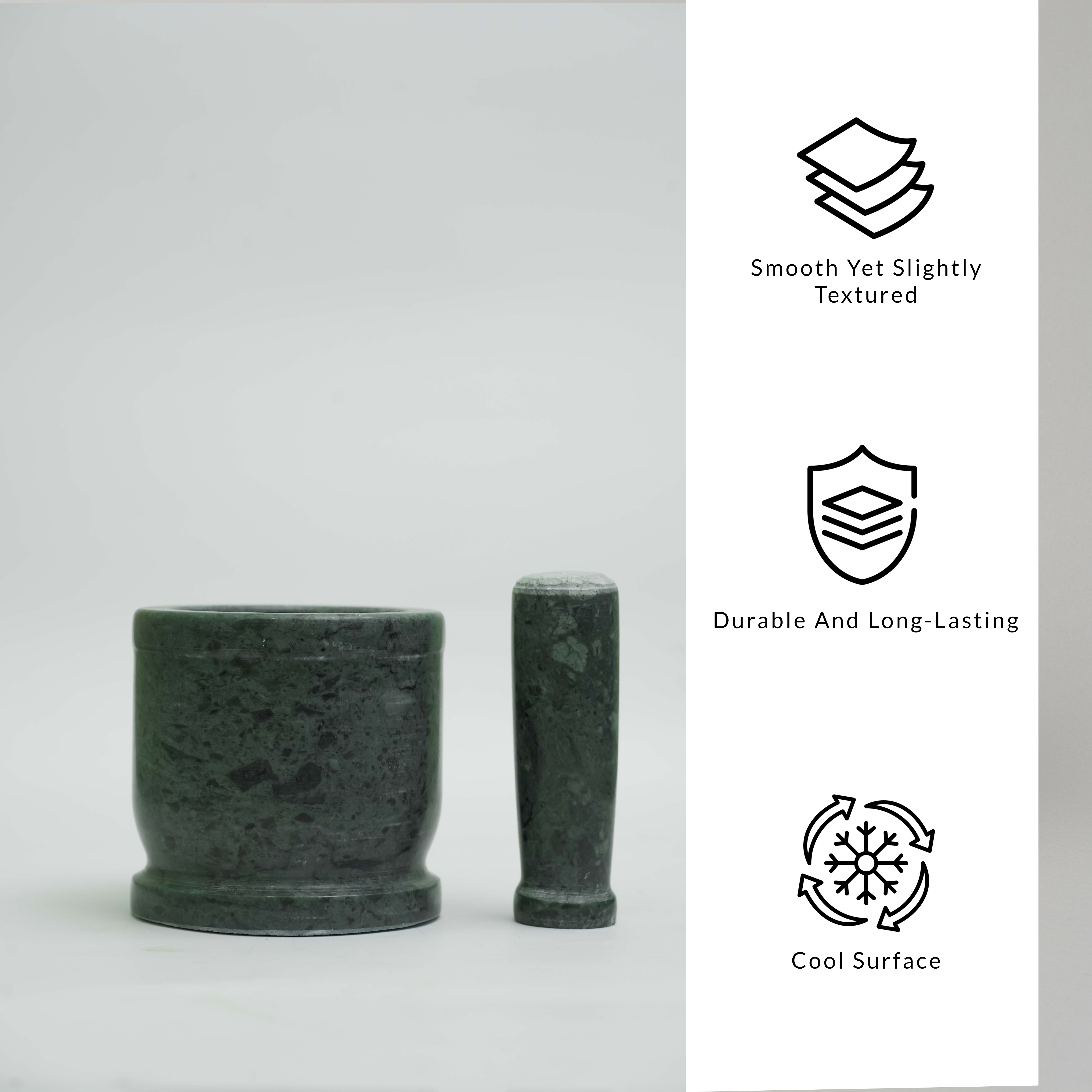 Green marble mortar and pestle with text describing its features on a white background