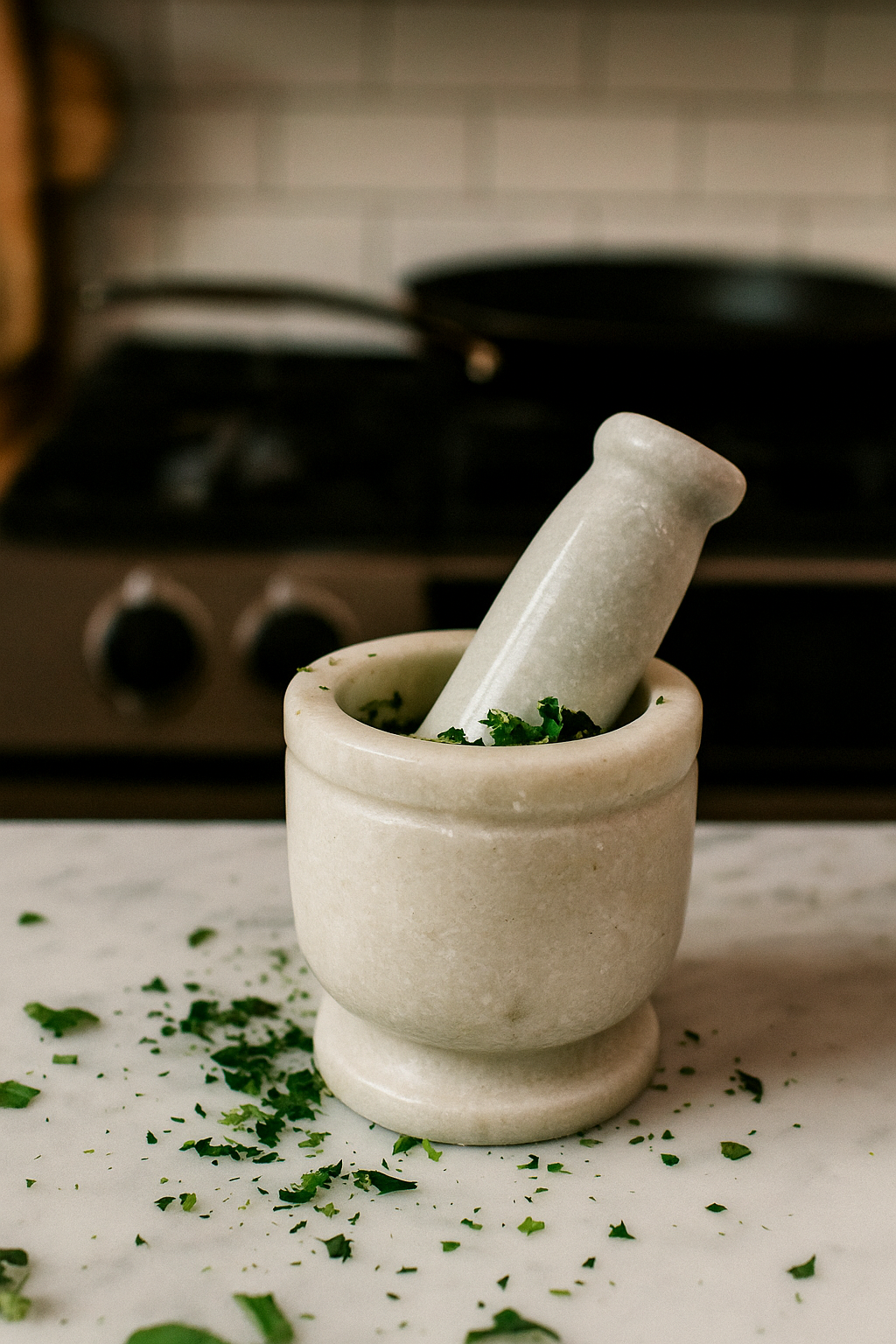 White marble mortar and pestle with fresh herbs in kitchen setting