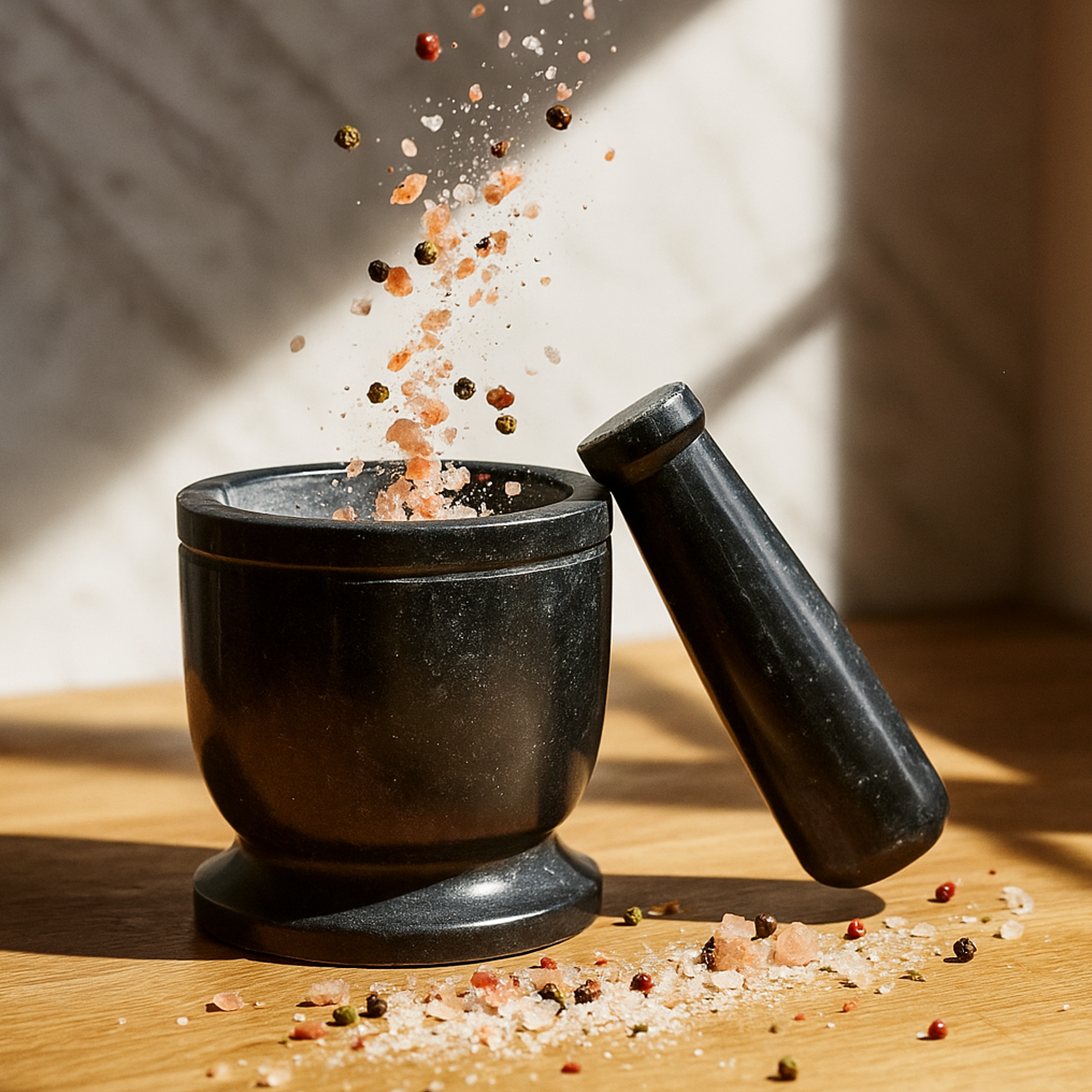 Black marble mortar and pestle with spices on a wooden surface