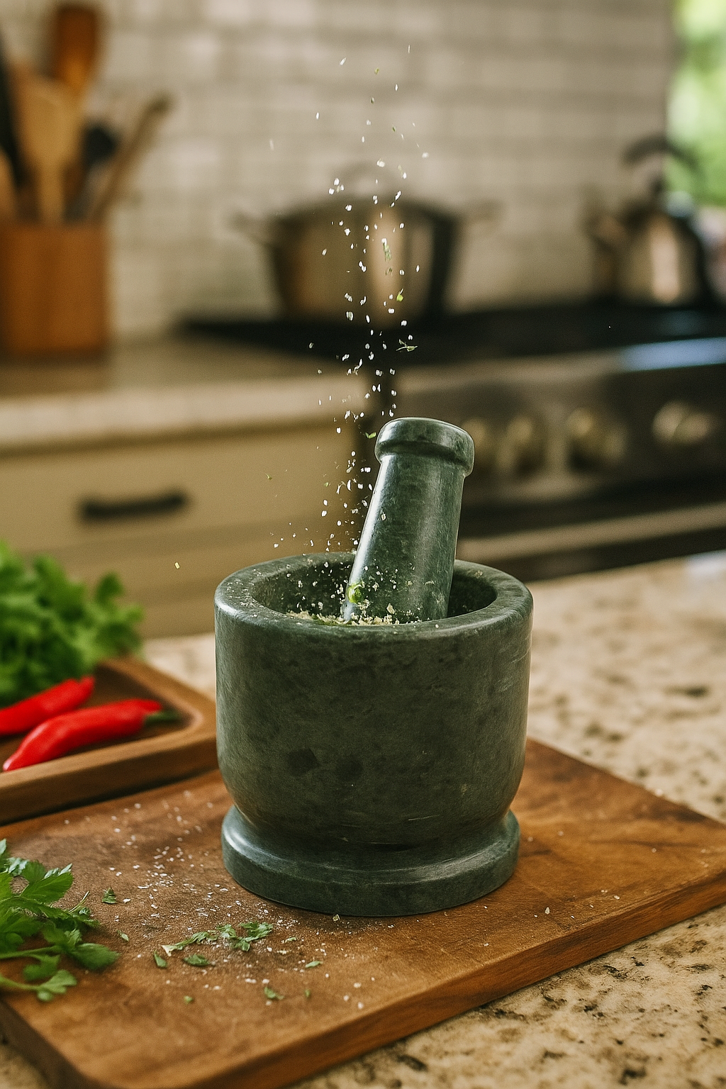 Green Mortar and pestle on a wooden cutting board with herbs and spices in a kitchen setting