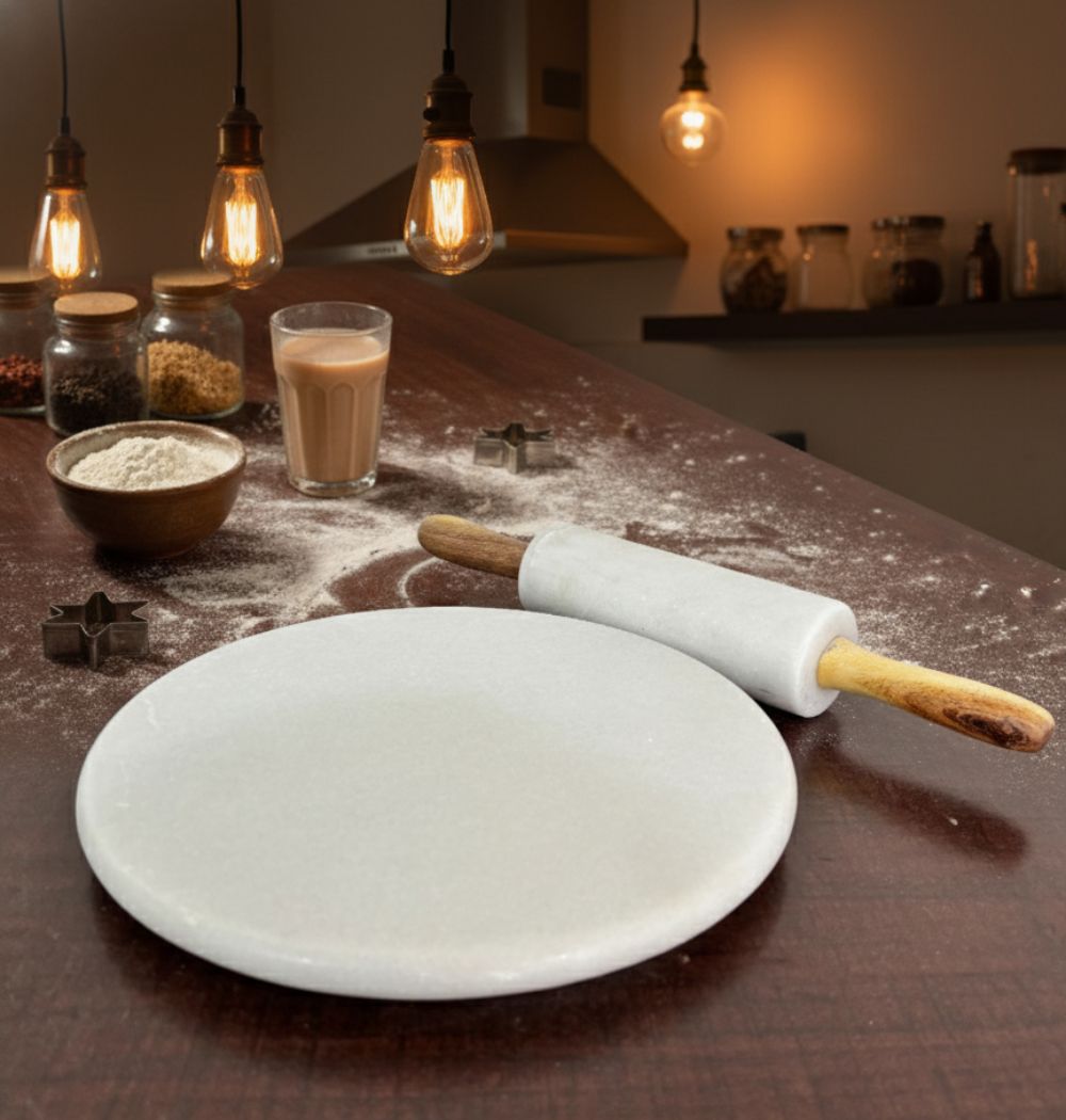 Premium white marble chakla belan set on kitchen countertop for roti and paratha making