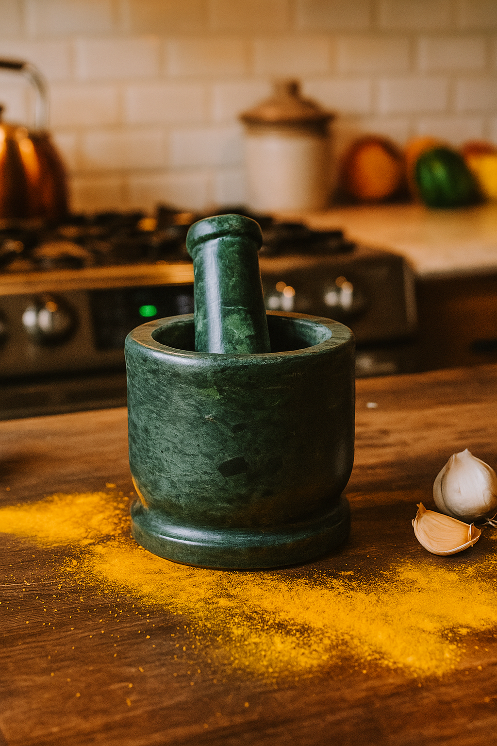 Green mortar and pestle on a wooden surface with turmeric powder and garlic cloves, kitchen setting.