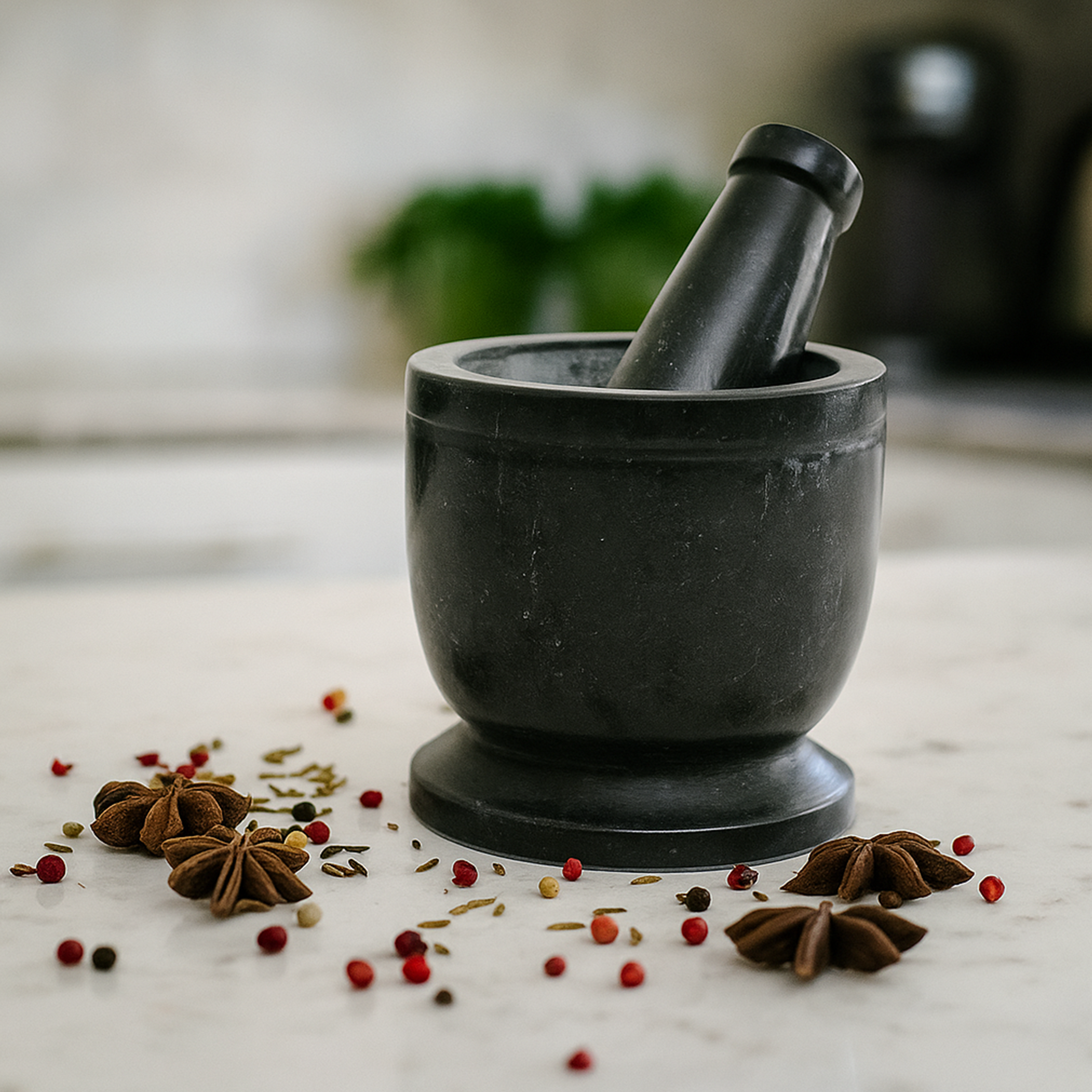 Black marble mortar and pestle with spices on a marble surface