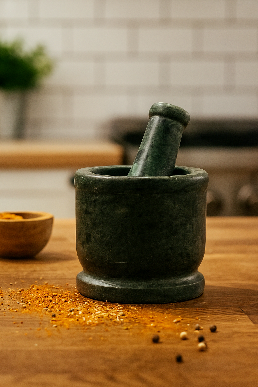 Green Mortar and pestle on a wooden surface with spices around, kitchen setting