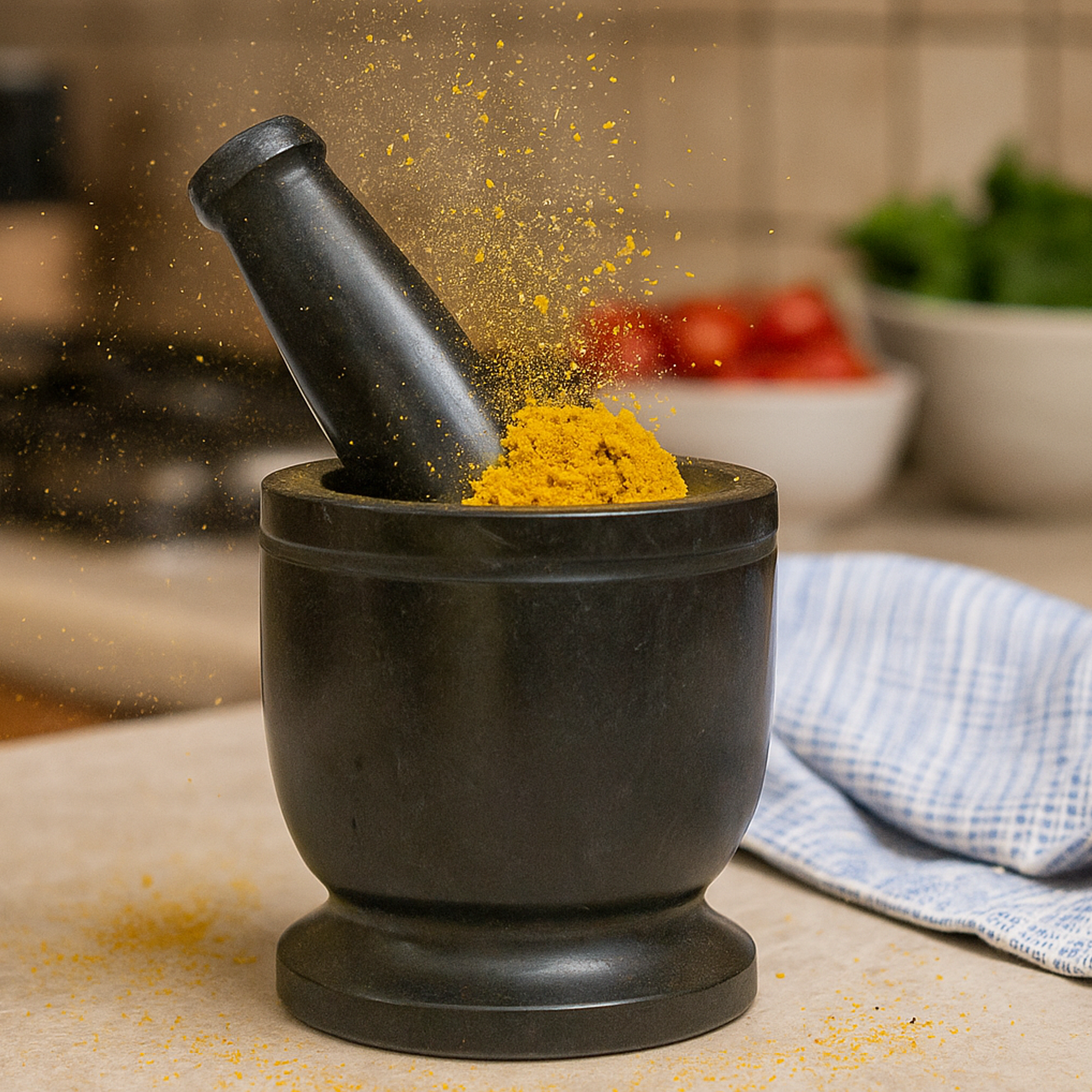 Black marble mortar and pestle with turmeric powder on a kitchen counter