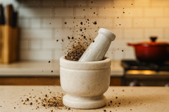 White marble mortar and pestle on kitchen countertop