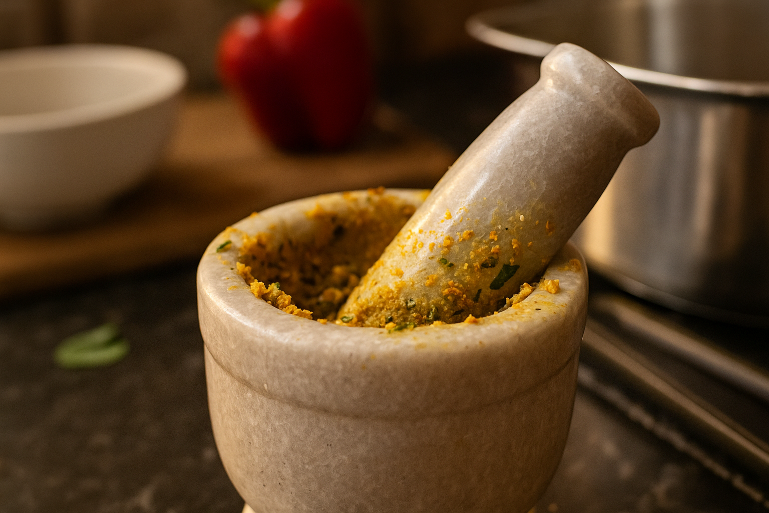 Grinding spices with white marble mortar and pestle