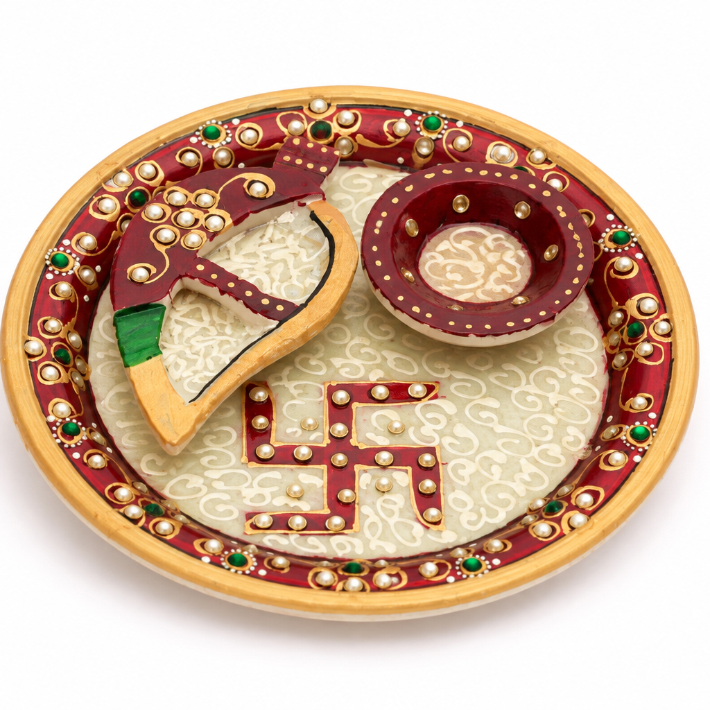 Handmade Marble Pooja Thali with Kumkum Bowl, Rice Holder and Swastik Design