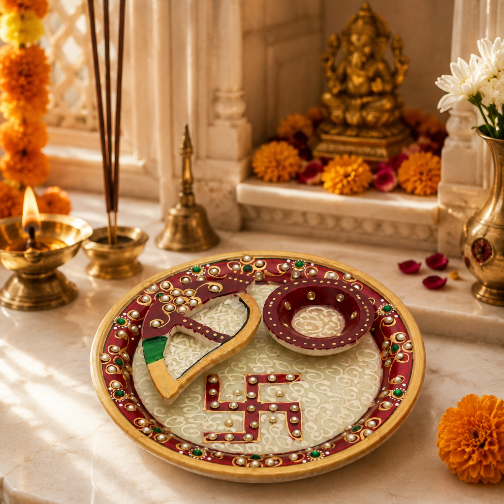 Elegant Marble Pooja Thali for Home Temple and Religious Ceremonies