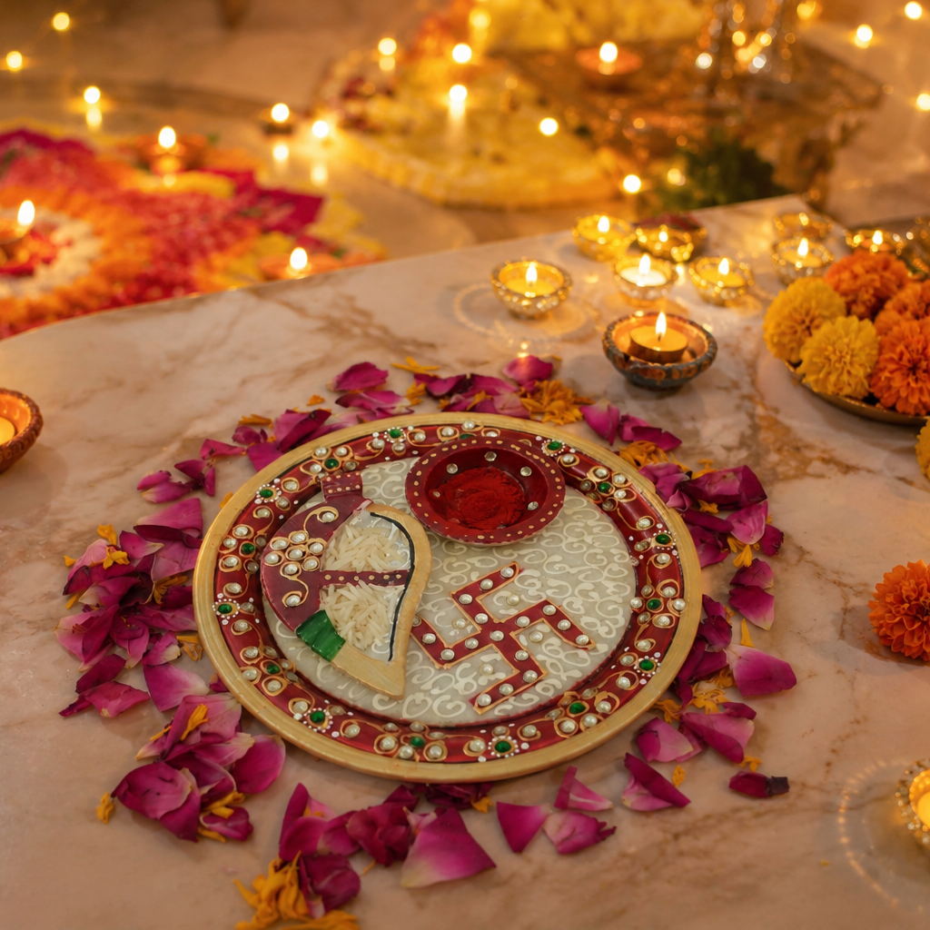  Decorative Marble Pooja Thali with Diya for Festival and Prayer Rituals