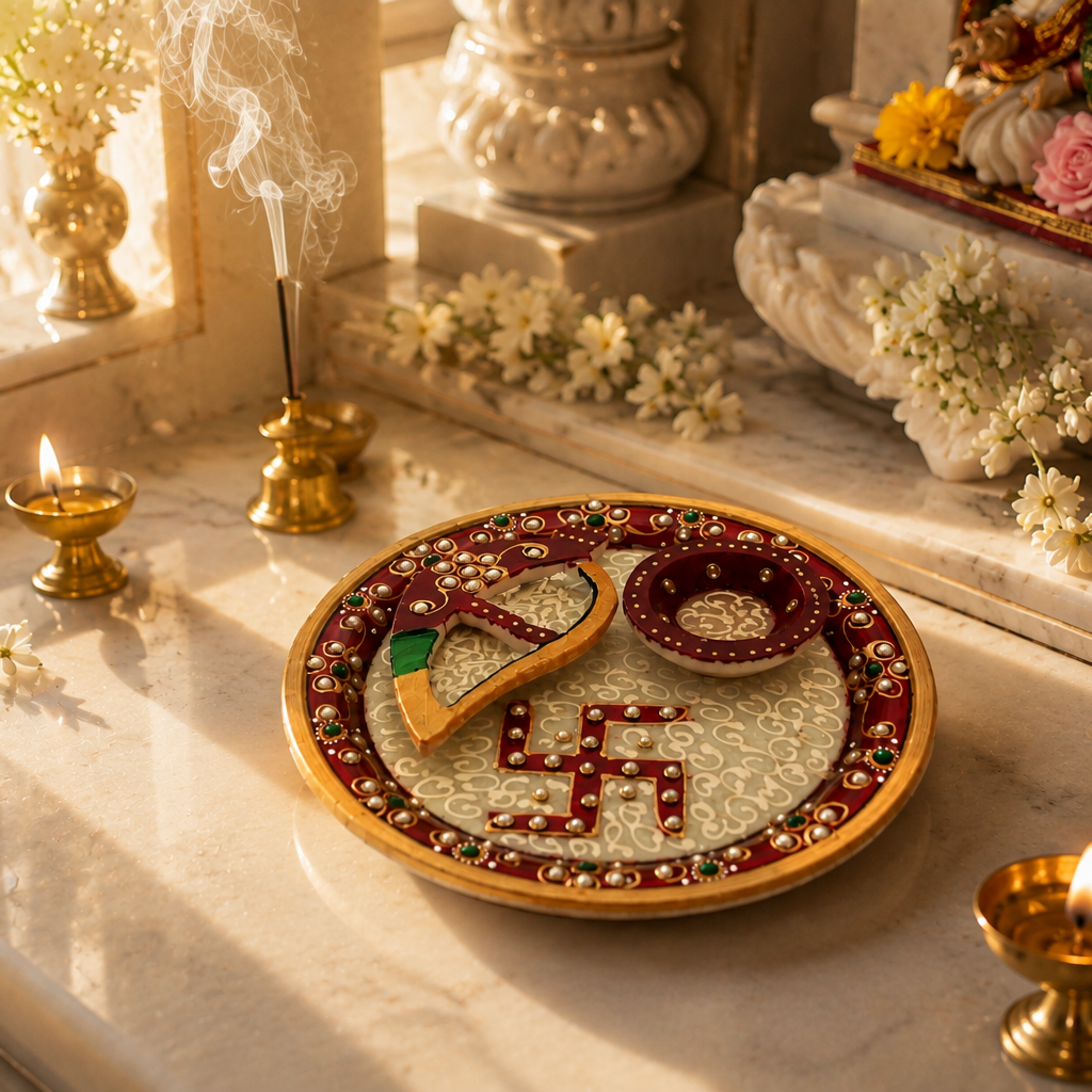 Luxury Marble Pooja Thali for Home Mandir and Spiritual Decor