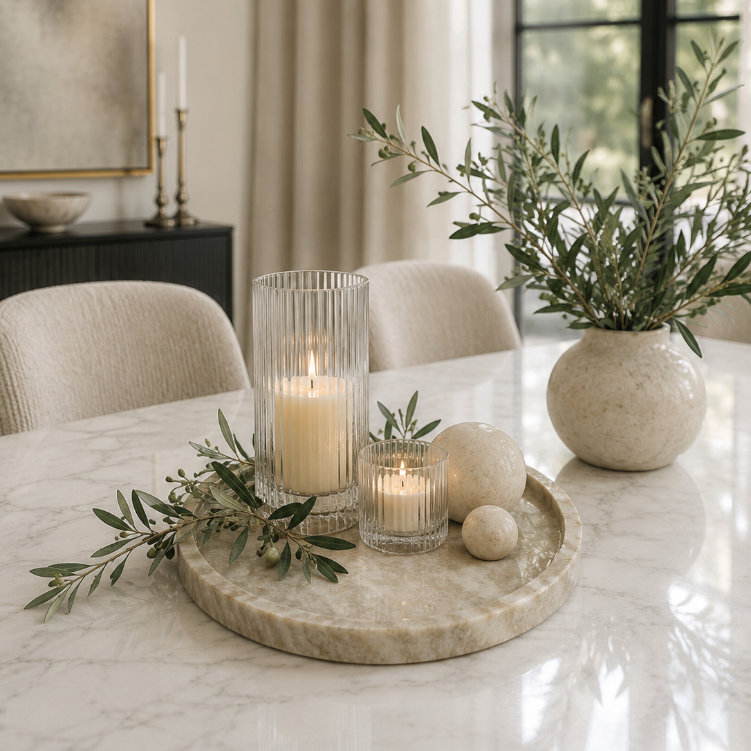 Round marble tray displayed on a modern coffee table with candle, greenery, and luxury home decor.