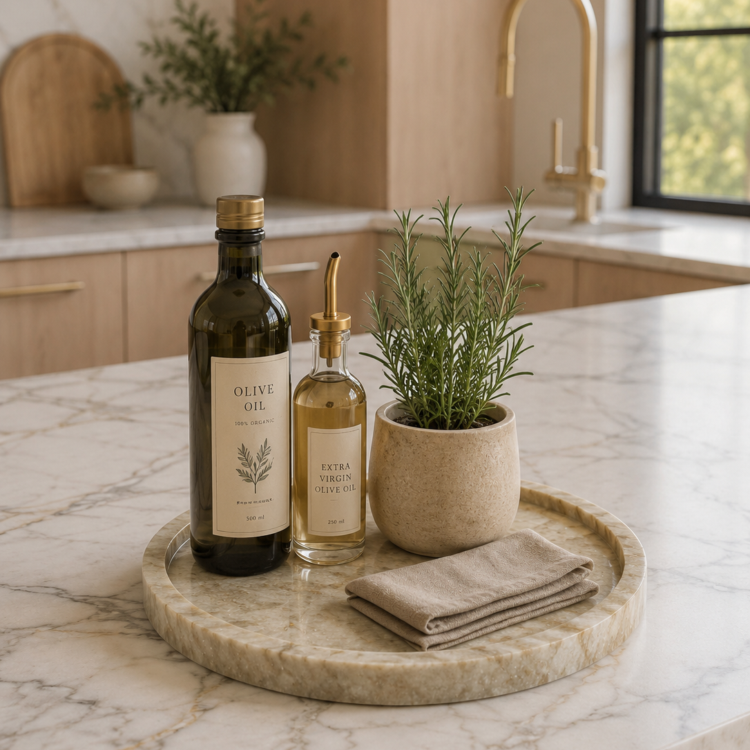 Elegant marble tray styled on a luxury bathroom countertop with soap dispenser, oils, and greenery.