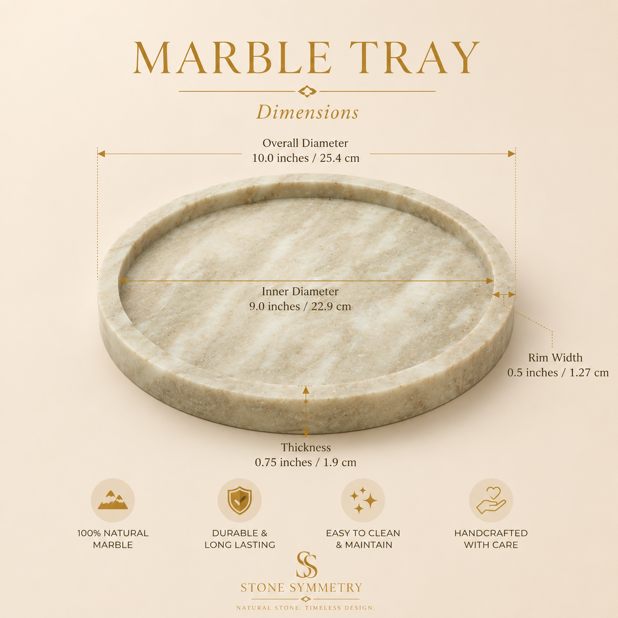 Luxury marble tray infographic showing dimensions, premium craftsmanship, and product features.