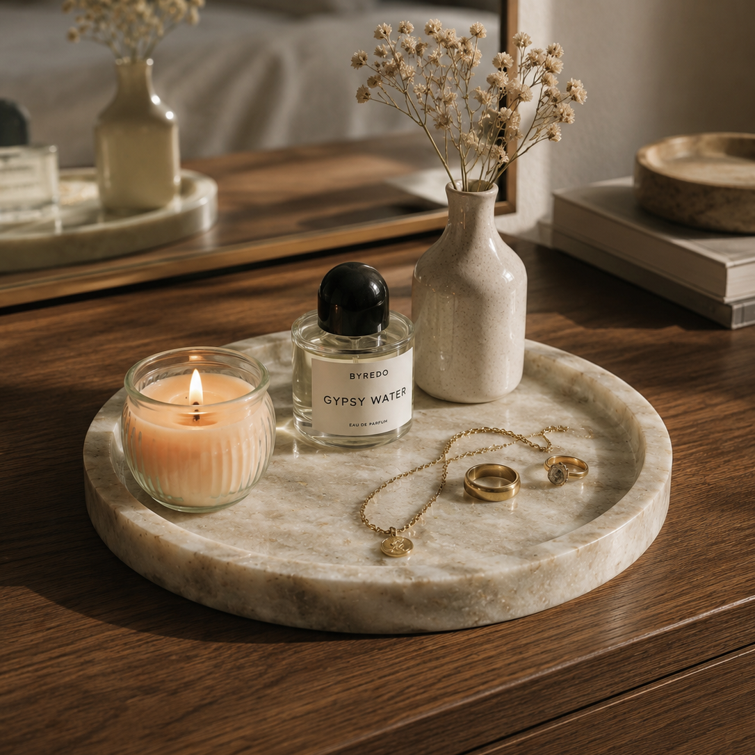 Luxury marble tray styled with candle, ceramic vase, and decorative accessories on a modern coffee table.