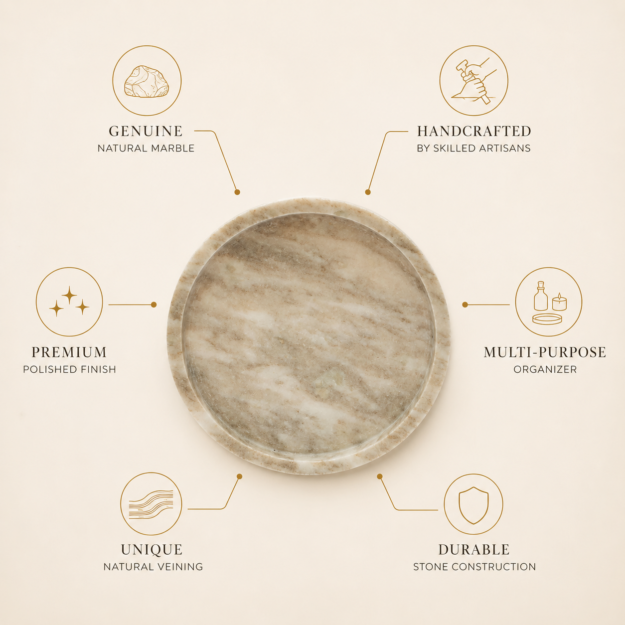 Premium marble tray feature infographic showcasing craftsmanship, durability, and multi-purpose functionality.
