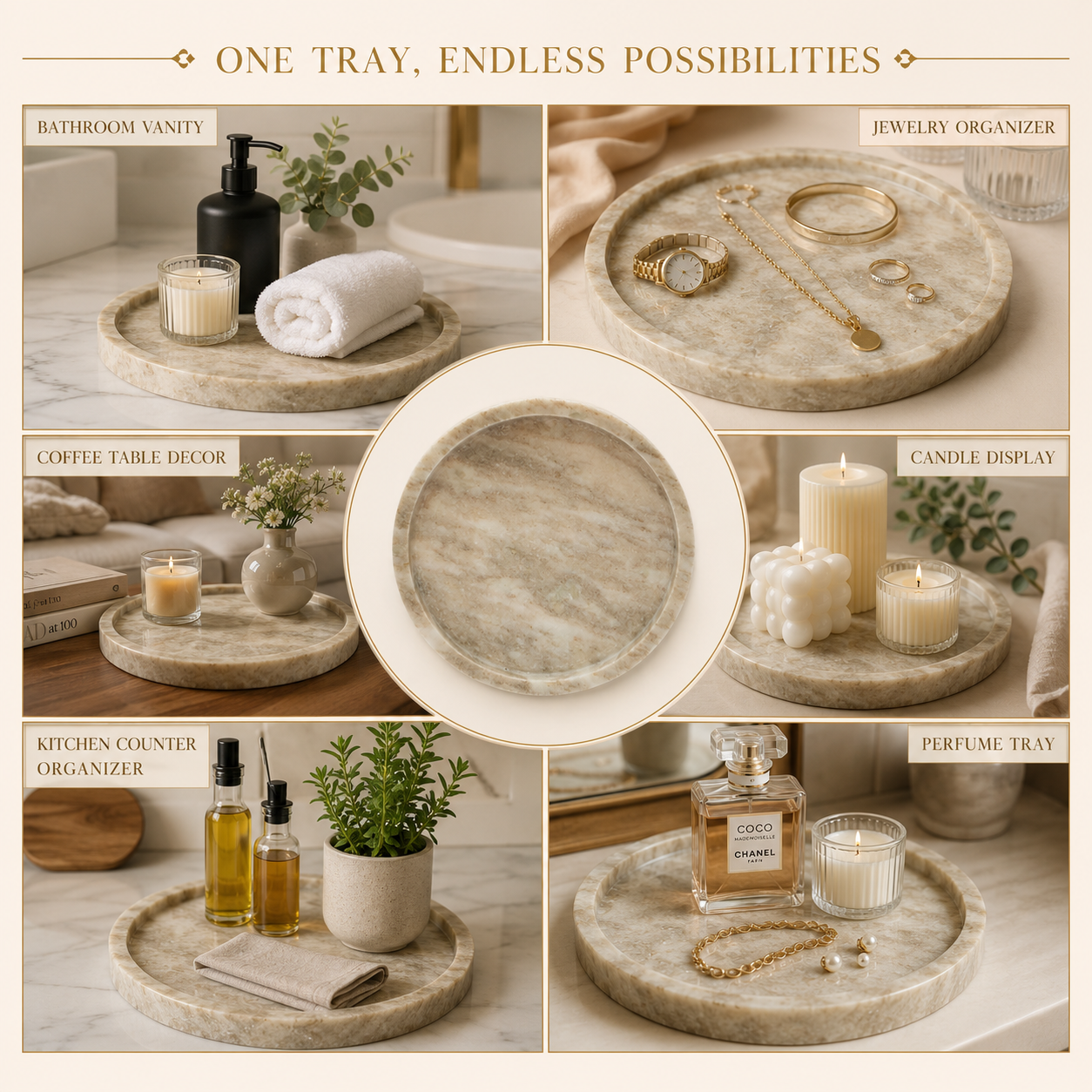 Lifestyle collage showing multiple ways to style a luxury marble tray in home, bathroom, kitchen, and spa settings.