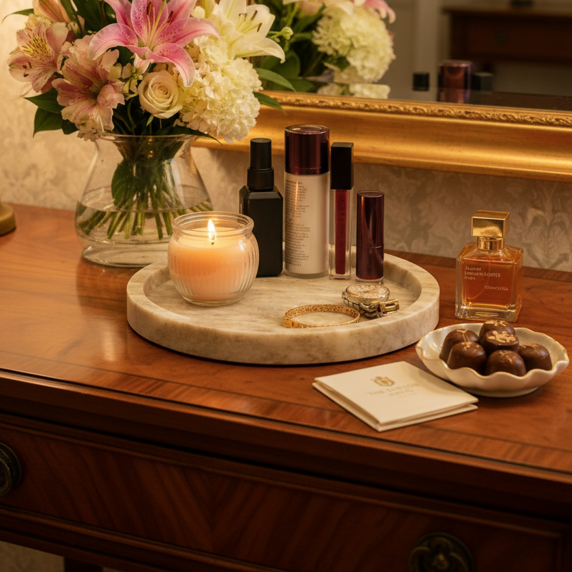 Premium marble tray styled on a luxury dressing table with flowers, candles, and beauty essentials.