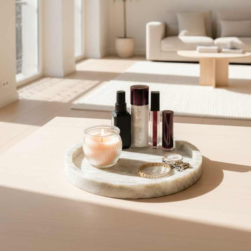 Premium marble tray styled on a minimalist table in the living room