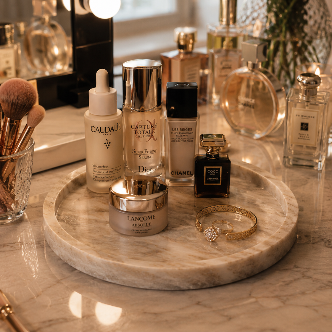 Luxury marble vanity tray arranged with perfumes, skincare products, and elegant decor.