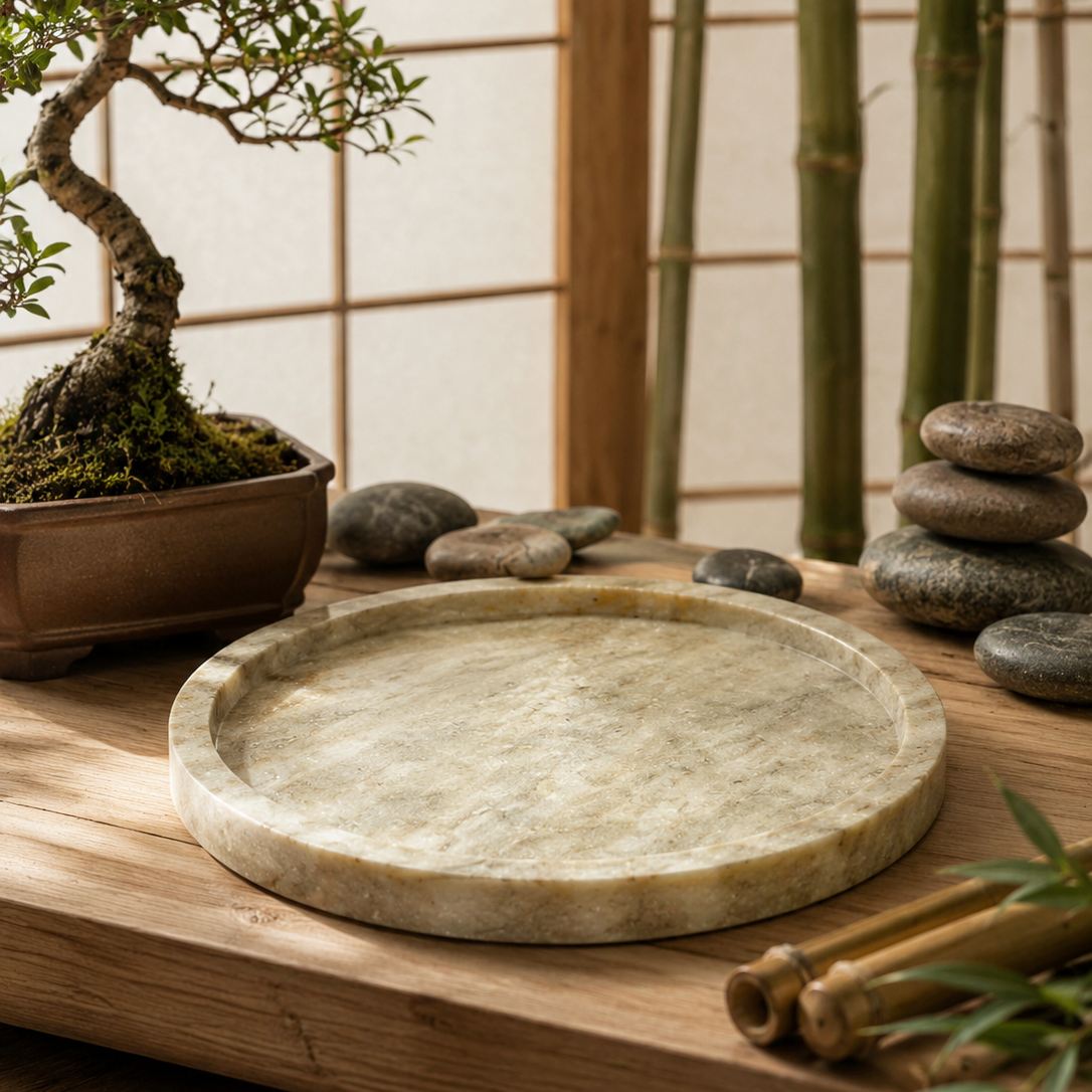Natural marble tray displayed in a Japanese-inspired zen setting with bonsai and smooth stones.