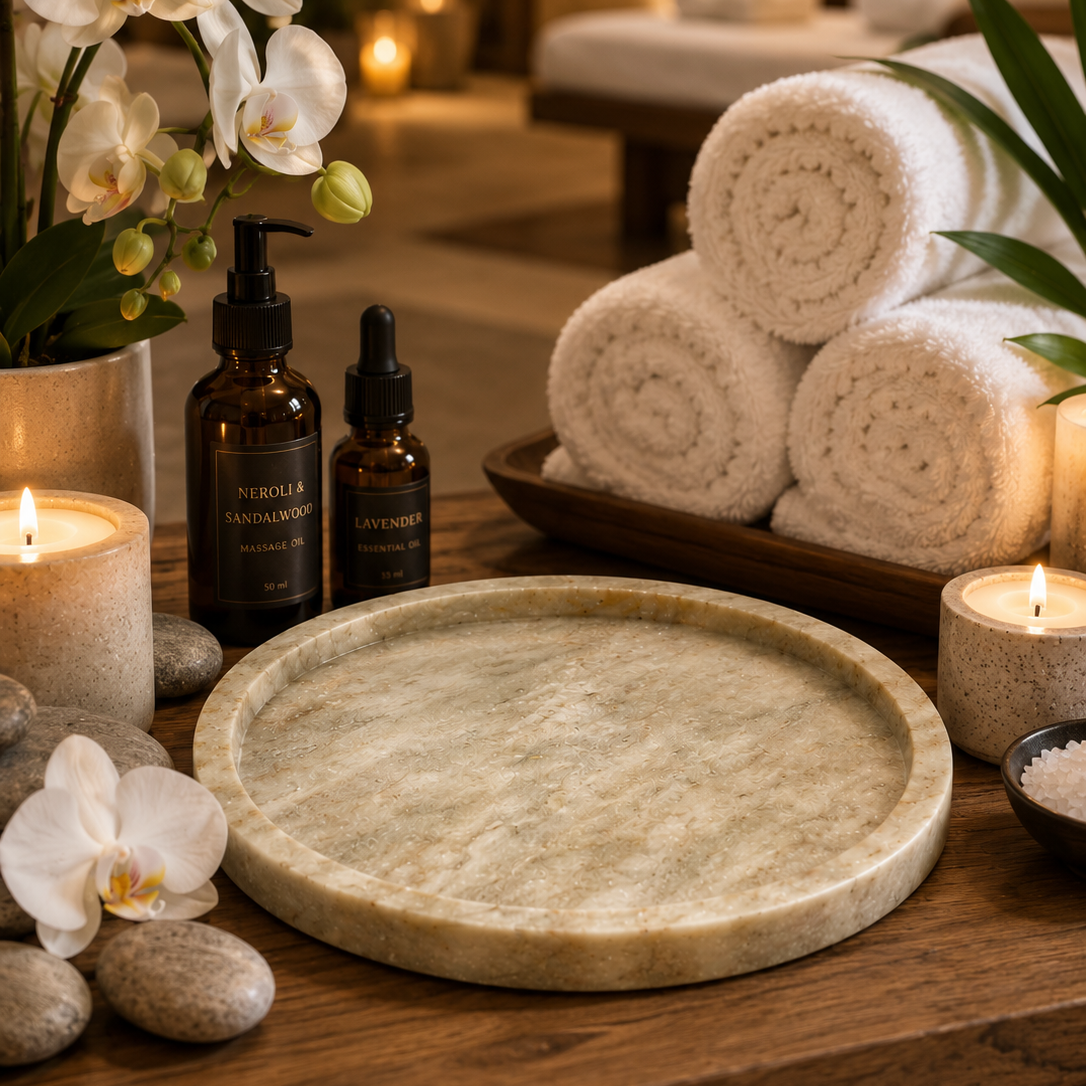 Handcrafted marble tray styled in a luxury spa with rolled towels, candles, and essential oils.