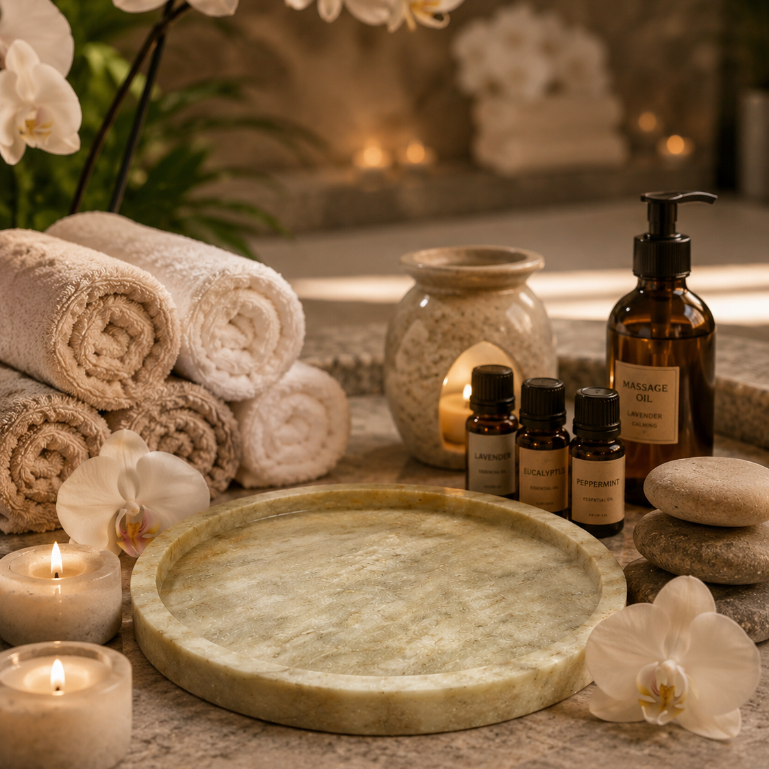 Elegant marble tray surrounded by spa candles, towels, and wellness accessories.