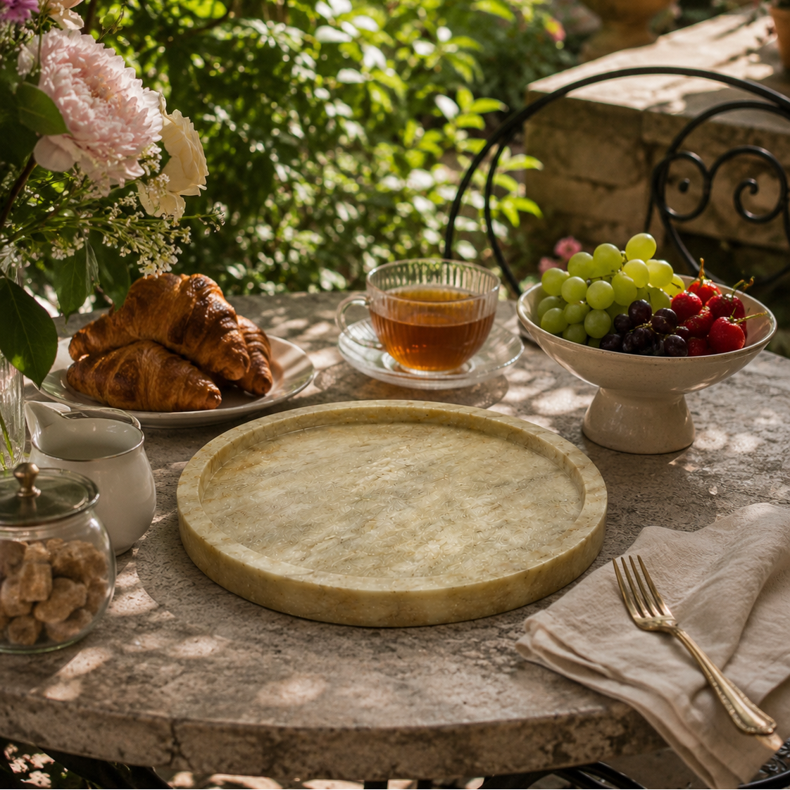 Luxury marble breakfast tray with fresh fruit, tea, and flowers in a sunlit garden setting.