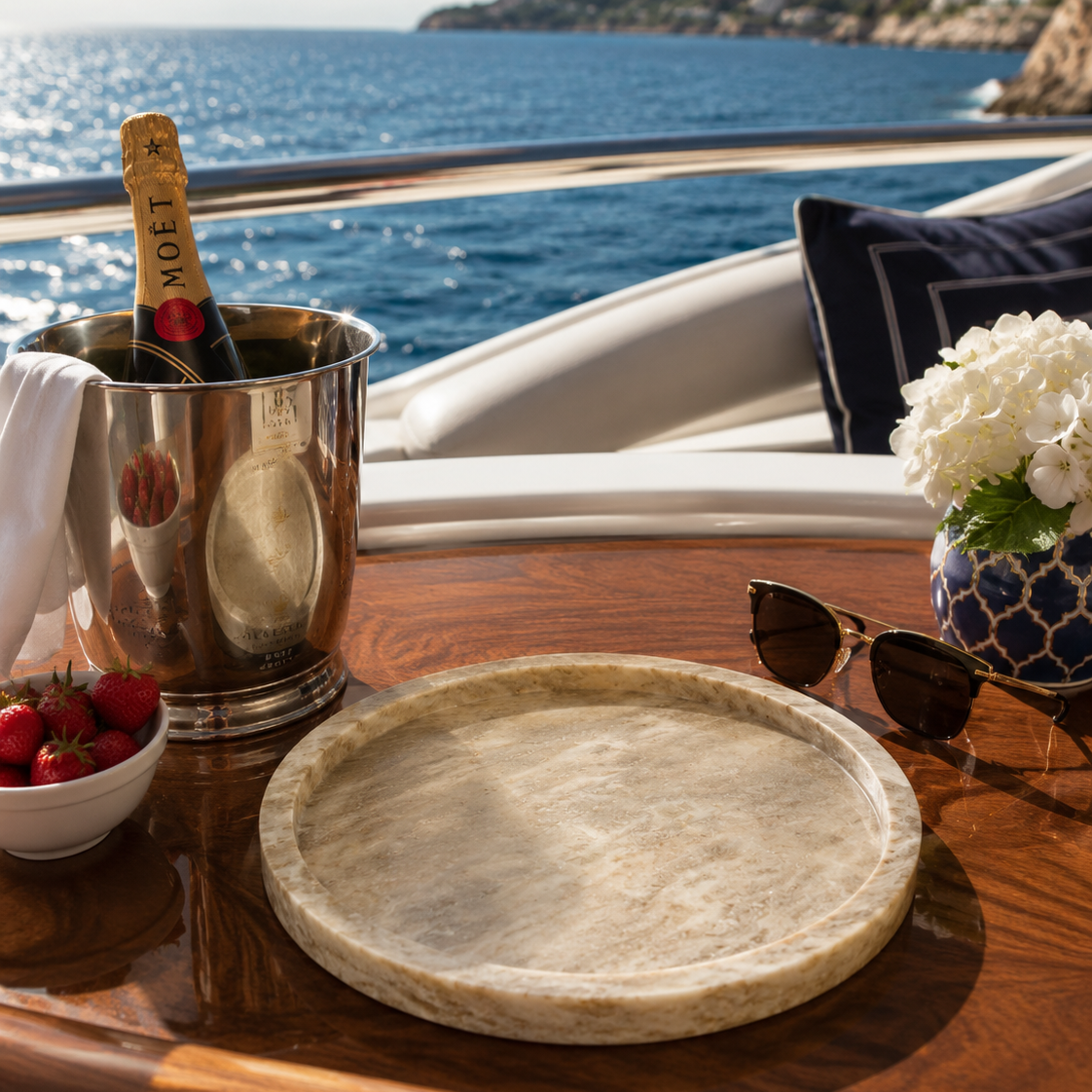 Premium marble serving tray on a yacht table with champagne and ocean view.