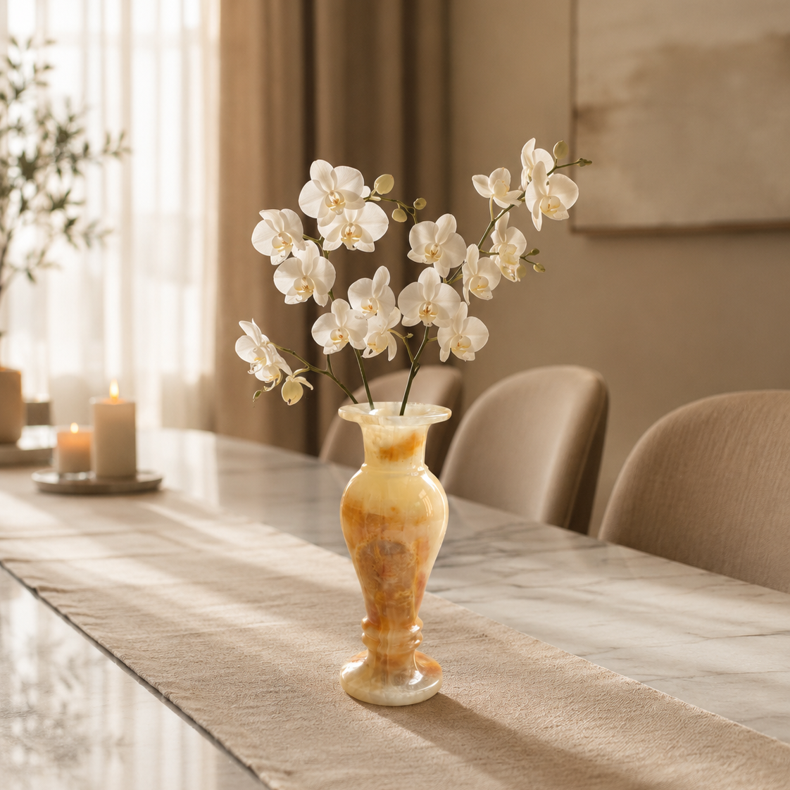 Luxury Onyx Marble Flower Vase with fresh blossoms on a dining table