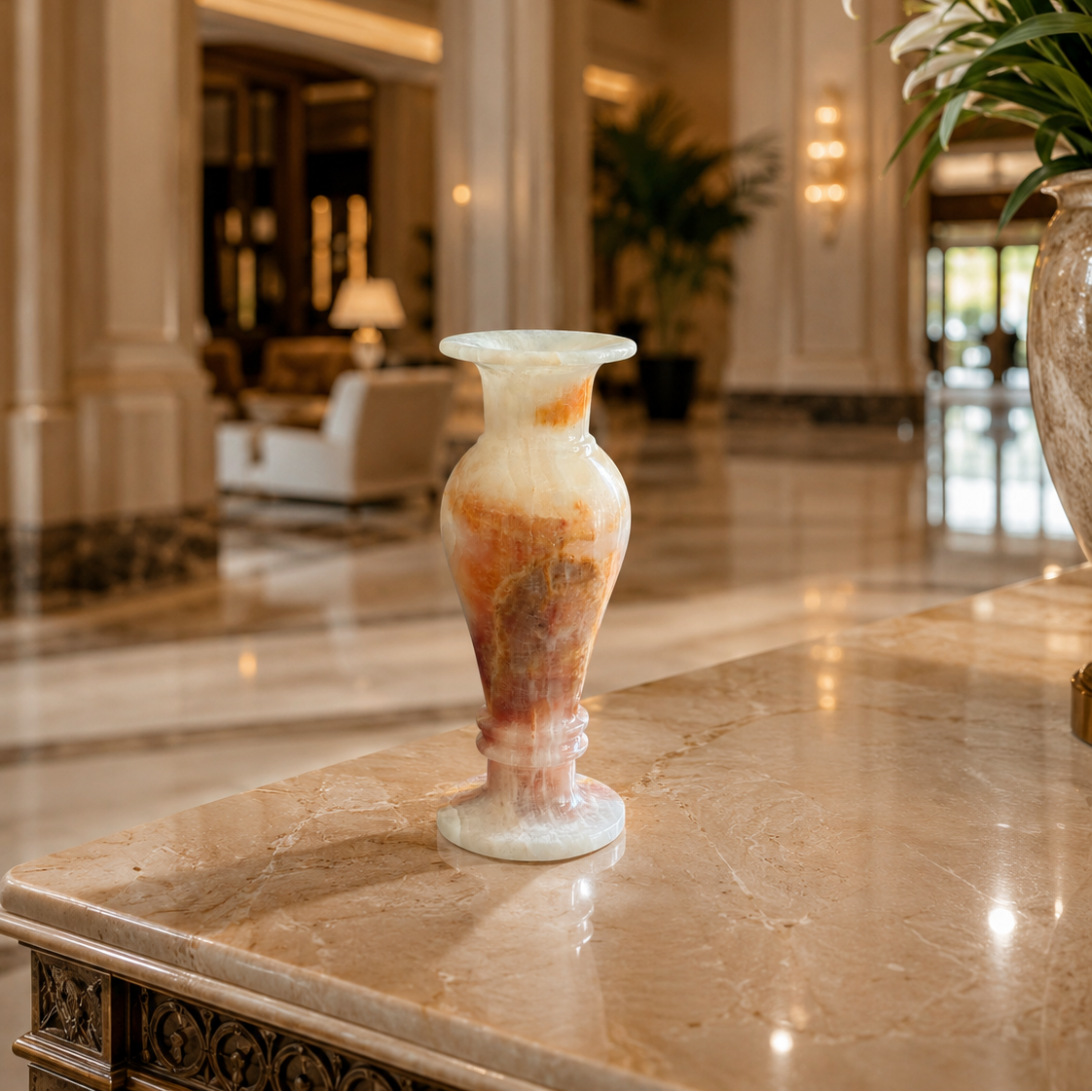 Handcrafted Onyx Marble Flower Vase displayed in a luxurious hotel-style interior