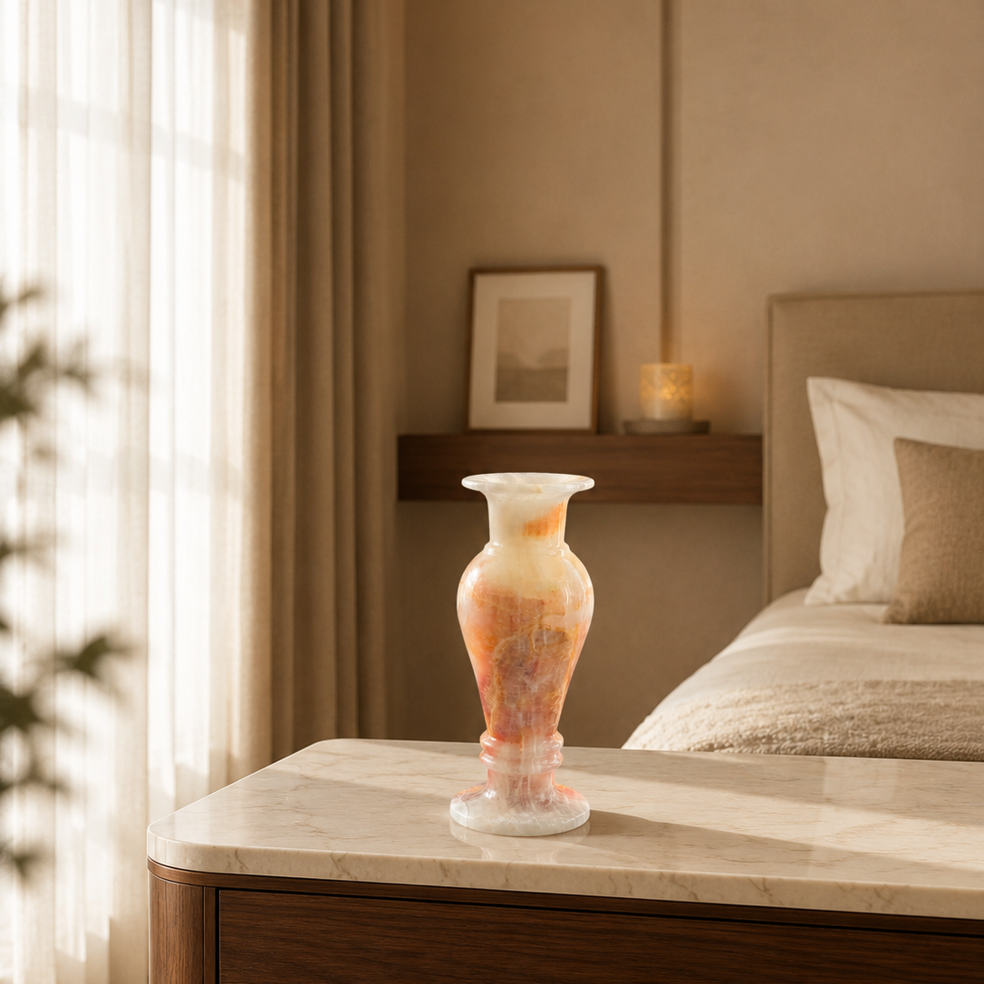 Premium Onyx Marble Flower Vase styled on a bedside table in a luxury bedroom